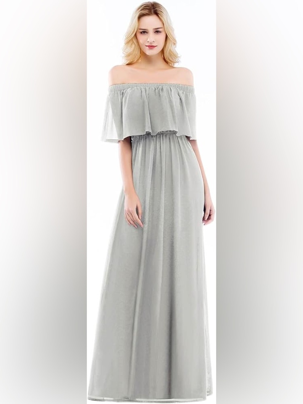 015. Show Me Your MuMu Off-Shoulder Maxi Dress in Light Gray